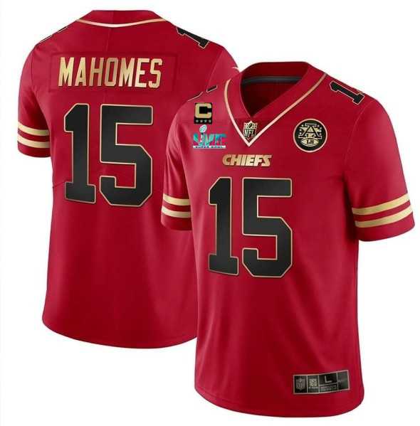 Mens Kansas City Chiefs #15 Patrick Mahomes Red Gold Super Bowl LVII Patch And 4-star C Patch Vapor Untouchable Limited Stitched Jersey